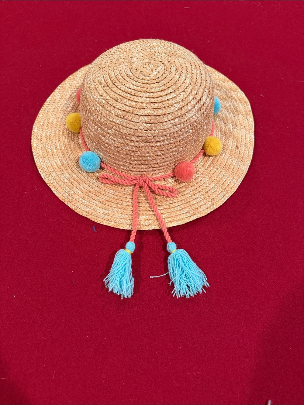 Matilda Jane Kids Straw Sun Hat with Colorful Pom-Poms and Tassels - Natural